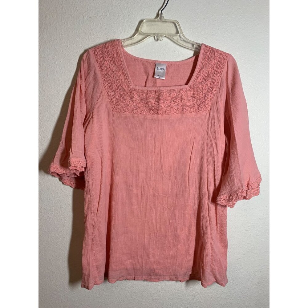 Blair Boho Top Cotton Casual Lined Blouse Lace Retro Y2K Cottage Pink Size Large